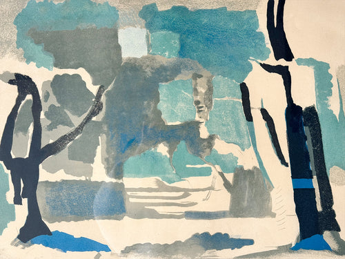 A Mid Century Blue Tone Abstract Landscape - Signed lithograph