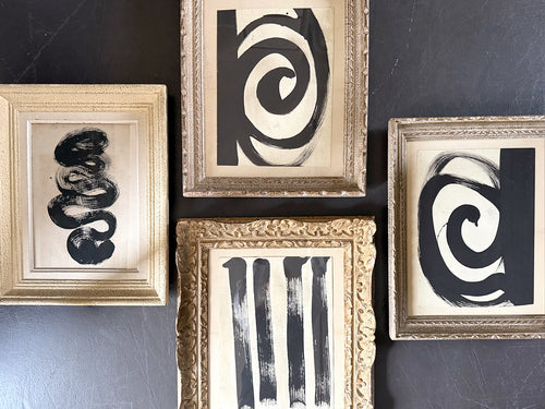 A Vintage Italian Abstract Black Acylric on Paper Artwork in Montparnasse Frame - Stripes