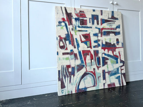 A Large 1970's Red Blue Beige Abstract Oil on Canvas from Florence School of Art