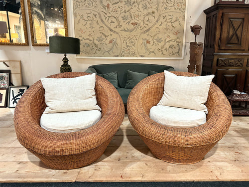 A Very Large Pair of Round Woven Rattan 1970's Lounge Chairs