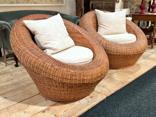 A Very Large Pair of Round Woven Rattan 1970's Lounge Chairs