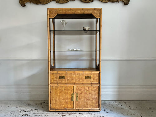 A 1970's Woven Bamboo Two Door Etagere with Glass Shelves