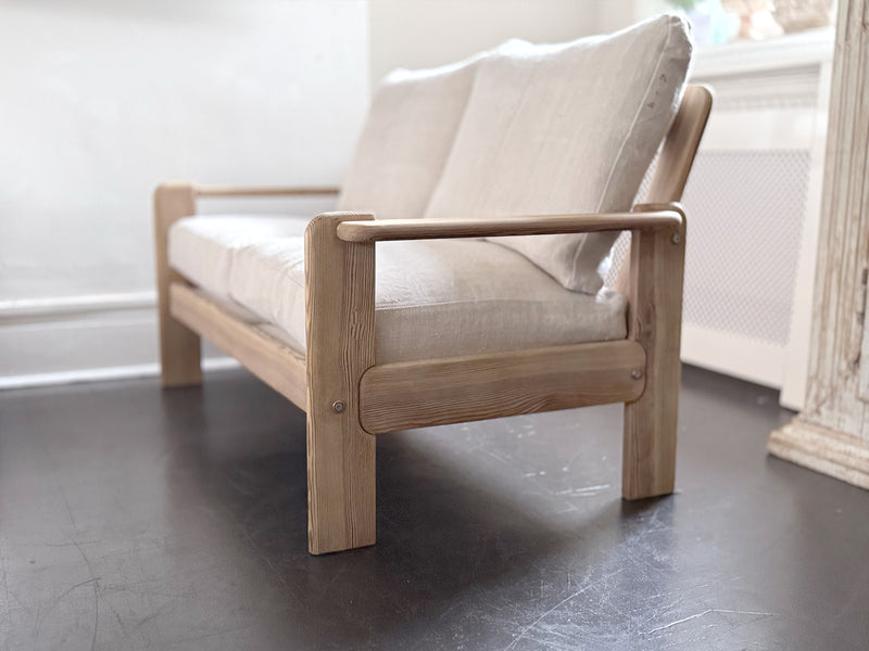 A 1970's French Two-Seater Pine Sofas with French Linen Upholstery
