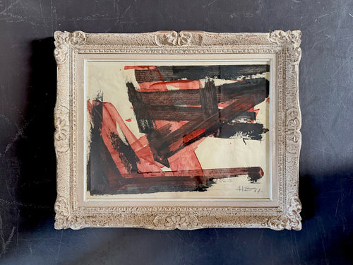 A Vintage French Abstract Red & Black Abstract Artwork in Montparnasse Frame