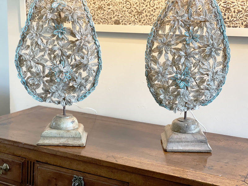 A Pair of Antique Italian Beaded Wreath Table Lights