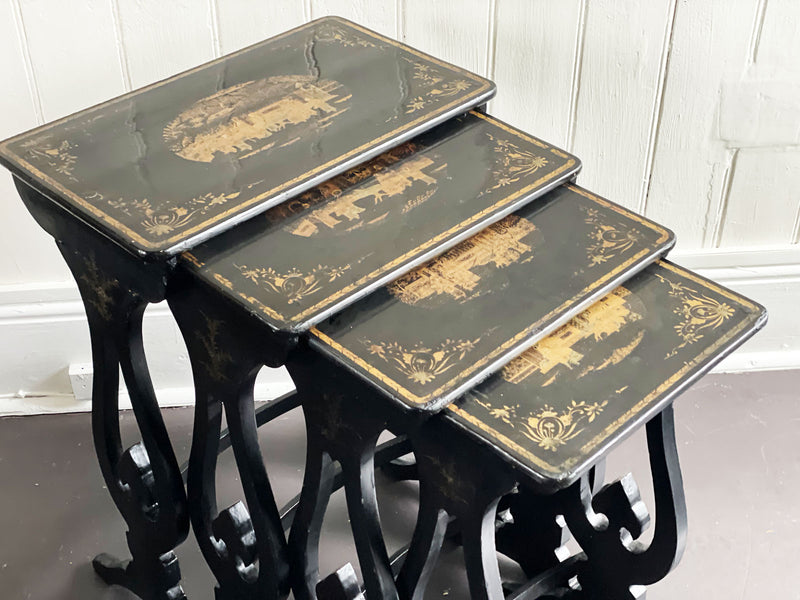 An Antique Nest of Black Lacquer Chinoiserie Tables