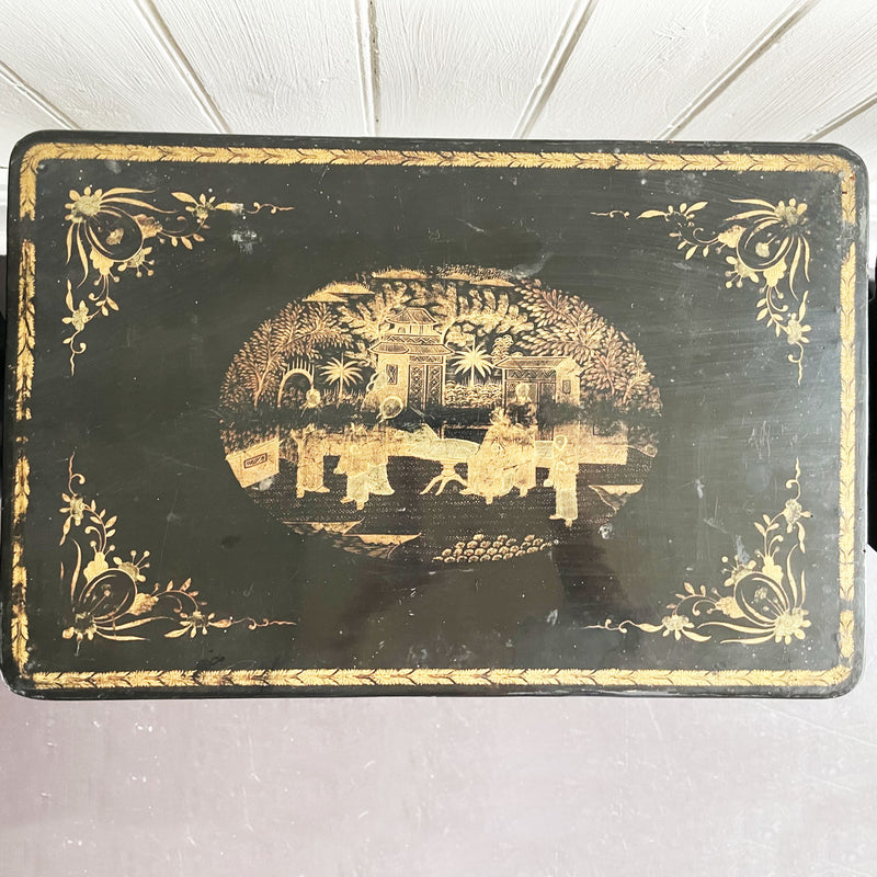 An Antique Nest of Black Lacquer Chinoiserie Tables