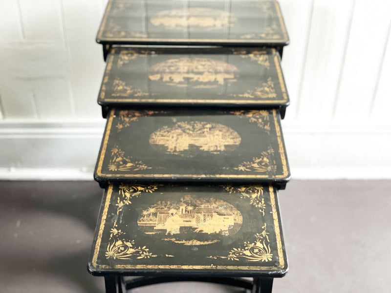 An Antique Nest of Black Lacquer Chinoiserie Tables