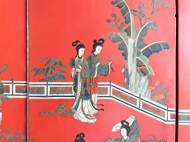 A Red Lacquered 1920's Chinese Export Four Panel Double Sided Screen