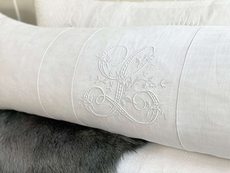 'L' Large Bolster Cushion - Antique French L Monogram on Linen L-0823
