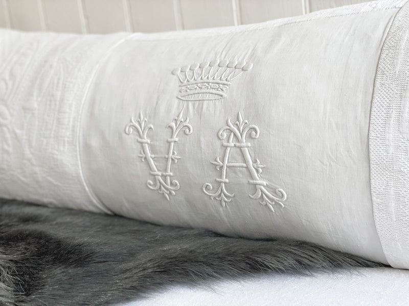 An Exceptional Antique French Monogrammed Bolster Cushion with Crown and 'VA' Monogram - VA-0823