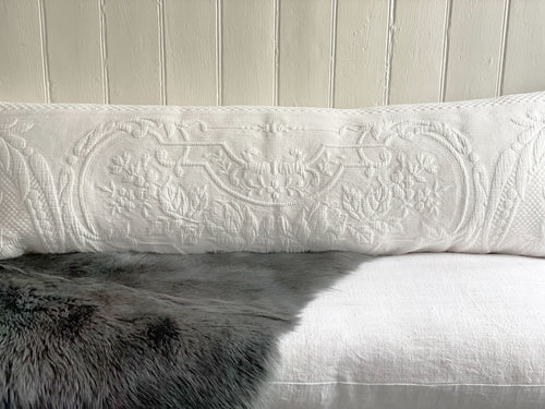 Antique French White Piqué Large Bolster Cushion - Pi-0823