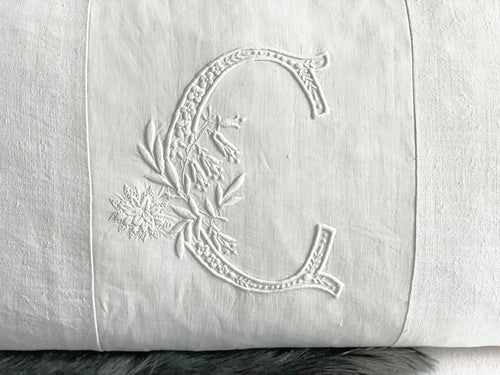 'C' Large Bolster Cushion - Antique French C Monogram on Linen C-0823