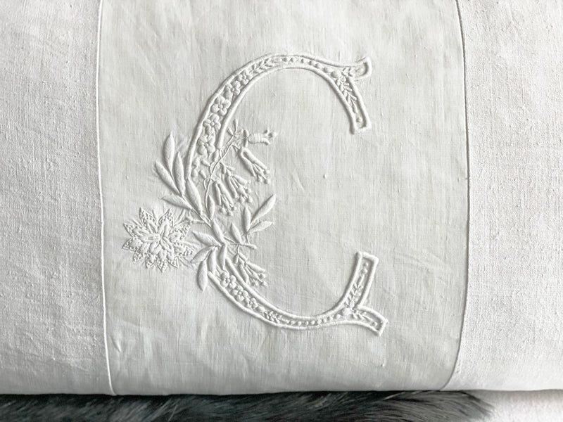 'C' Large Bolster Cushion - Antique French C Monogram on Linen C-0823