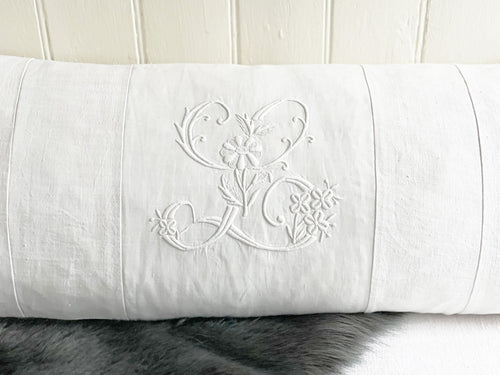 'L' Large Bolster Cushion - Antique French L Monogram on Linen LII-0823