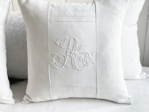 A - An Antique French White on White 'A' Monogrammed 40cm Cushion