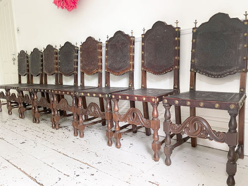 A Set of Eight 19th Century Portuguese Embossed Leather Dining Chairs