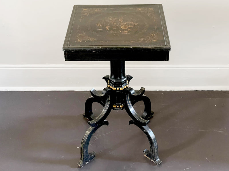 A 19th C Spanish Ebonised Chinoiserie Occasional Table with Shaped Base