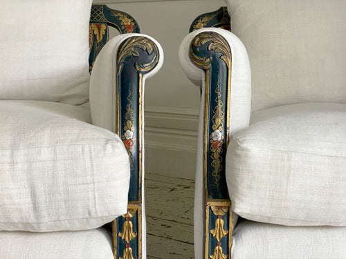 A Pair of Early 20th C Blue Lacquered Chinoiserie Armchairs