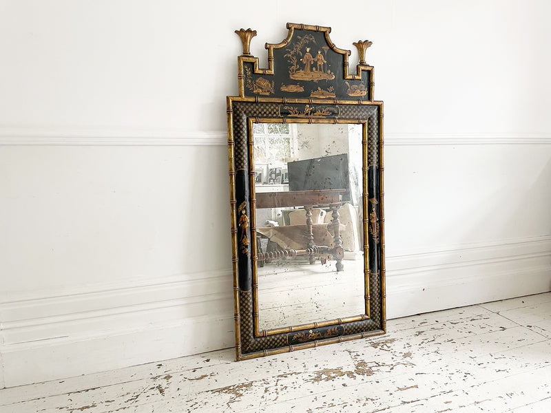 A 19th C Italian Black Lacquer Chinoiserie Mirror with Pagoda Top