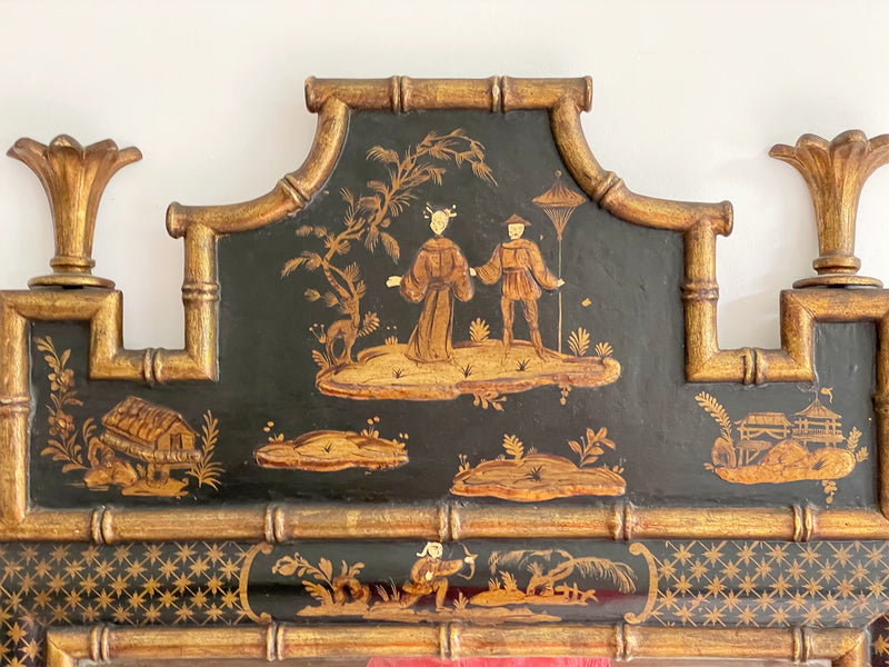 A 19th C Italian Black Lacquer Chinoiserie Mirror with Pagoda Top