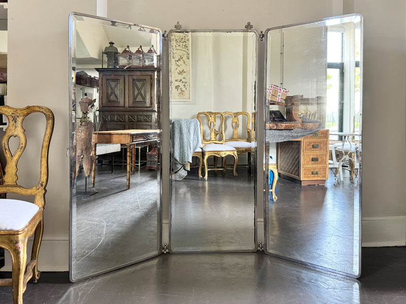 An Early 20th C French Chrome Triptych Mirror with Bevelled Glass