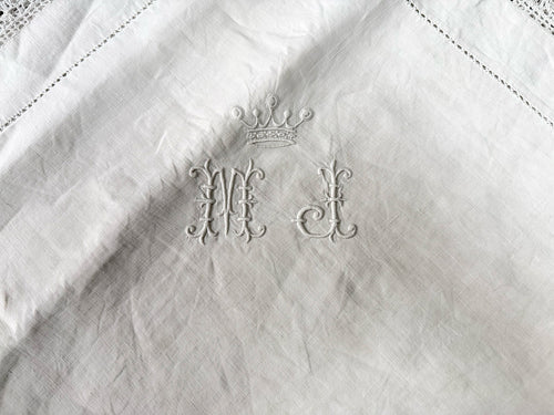 A 19th C Monogrammed Linen Sheet with Crown over MJ Initials & Matching Pillowcase