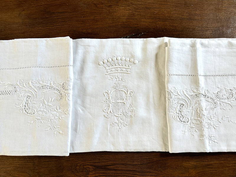 Rare Antique French Linen Sheet with Crown Monogram AE/EA