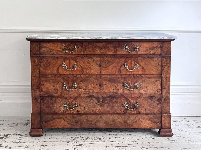 An Early 19th C French Burr Walnut Commode with Arabescato Marble Top