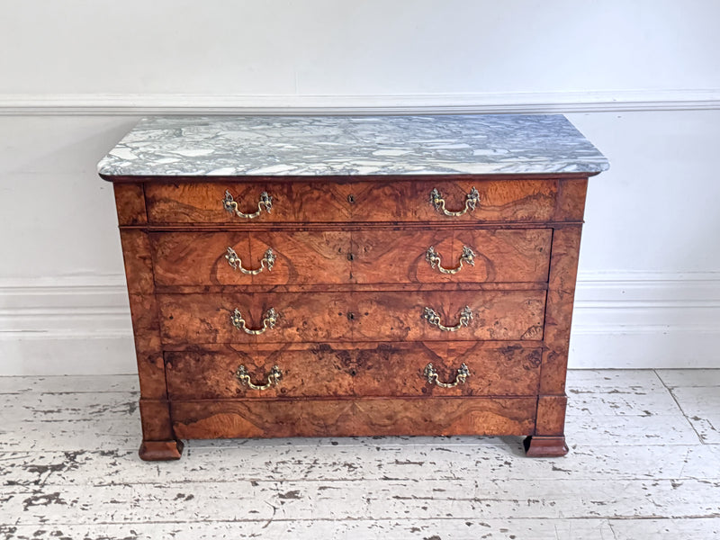 An Early 19th C French Burr Walnut Commode with Arabescato Marble Top