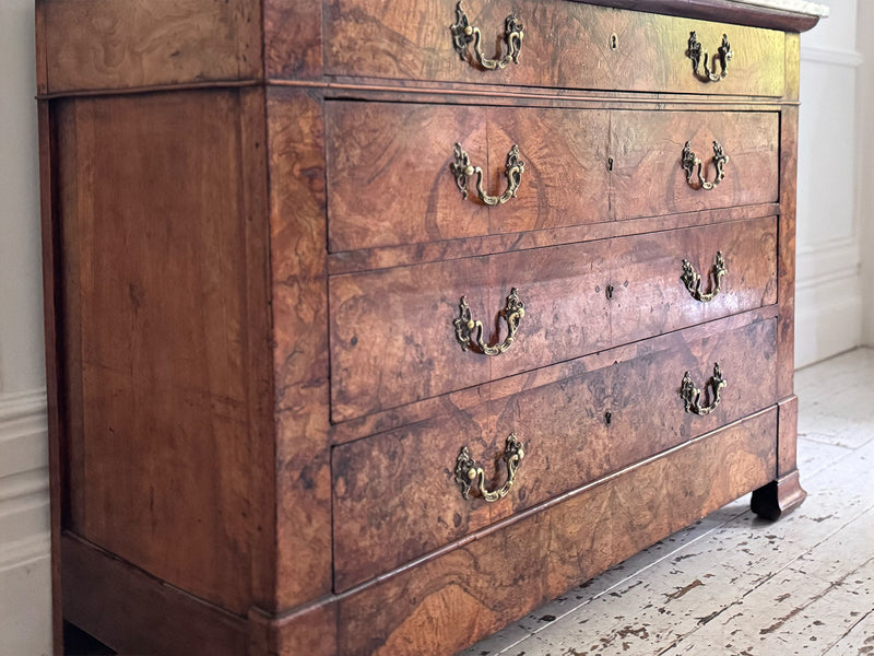 An Early 19th C French Burr Walnut Commode with Arabescato Marble Top