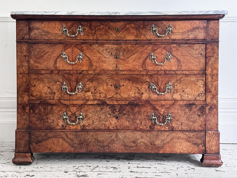 An Early 19th C French Burr Walnut Commode with Arabescato Marble Top
