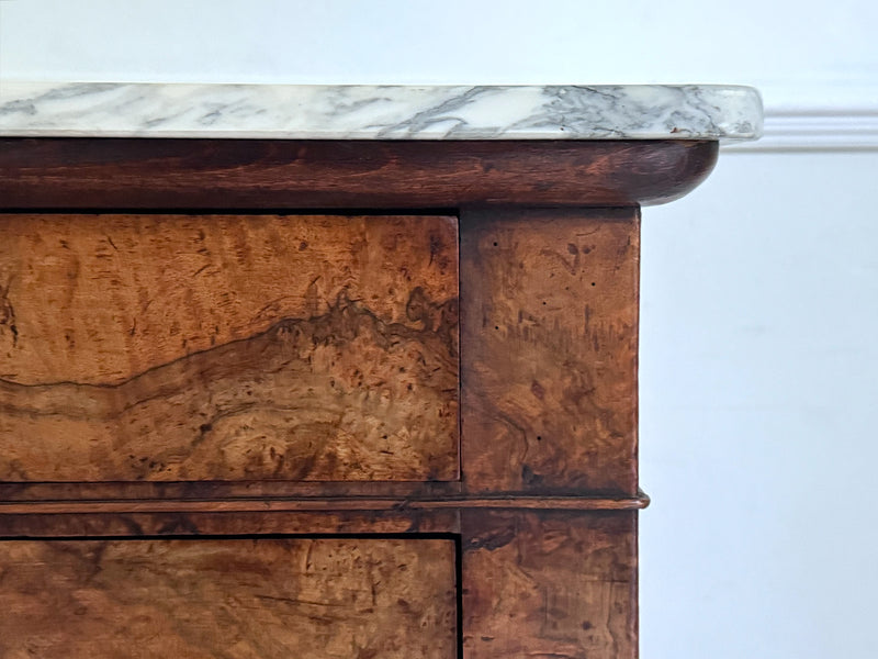 An Early 19th C French Burr Walnut Commode with Arabescato Marble Top