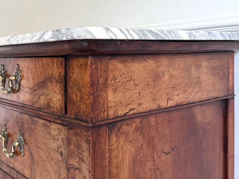 An Early 19th C French Burr Walnut Commode with Arabescato Marble Top