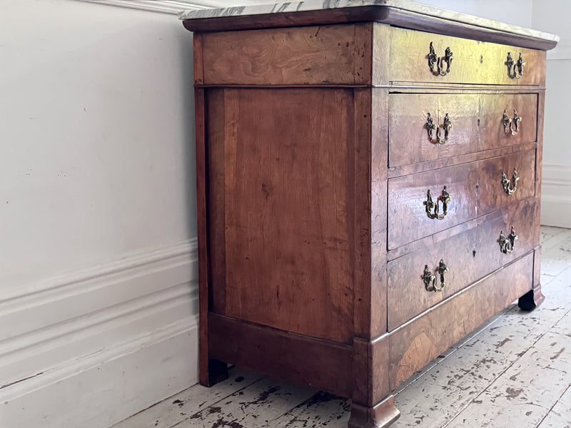 An Early 19th C French Burr Walnut Commode with Arabescato Marble Top