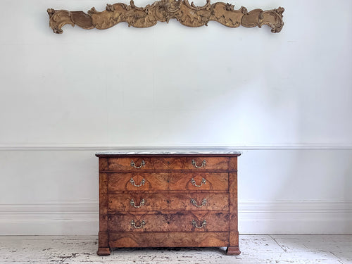 An Early 19th C French Burr Walnut Commode with Arabescato Marble Top