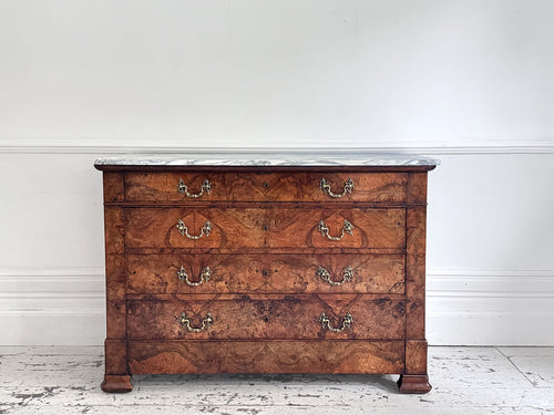 An Early 19th C French Burr Walnut Commode with Arabescato Marble Top