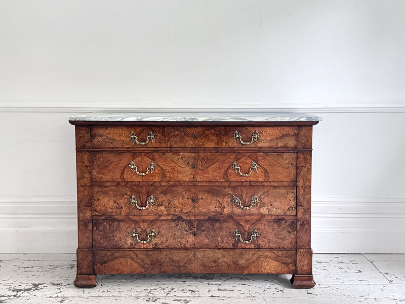 An Early 19th C French Burr Walnut Commode with Arabescato Marble Top