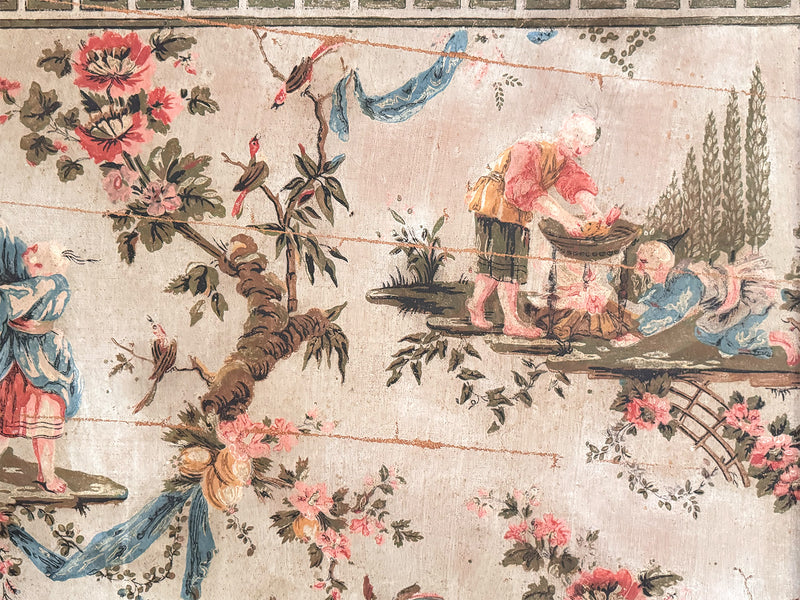 A Triptych of 18th C Chinoiserie Block Printed, Hand Painted Canvas Wall Coverings