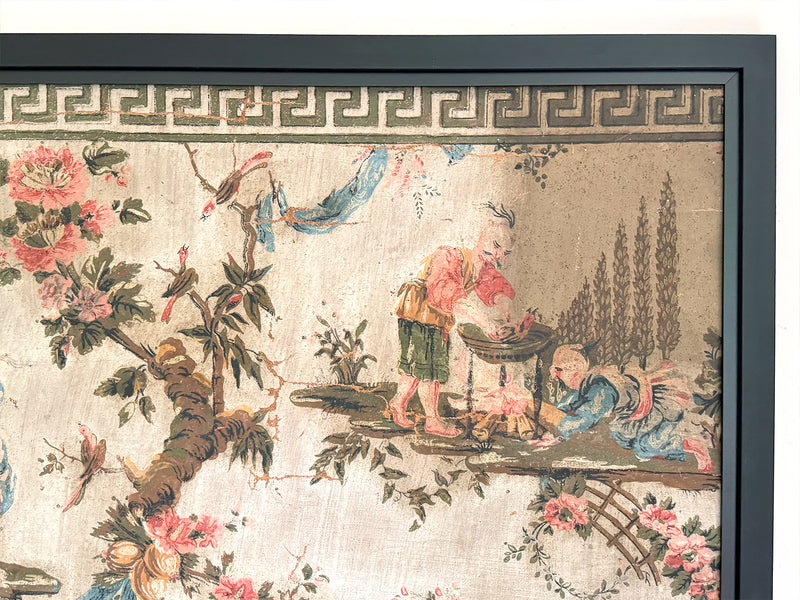 A Triptych of 18th C Chinoiserie Block Printed, Hand Painted Canvas Wall Coverings
