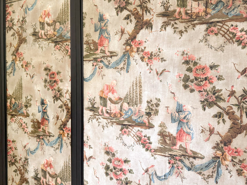 A Triptych of 18th C Chinoiserie Block Printed, Hand Painted Canvas Wall Coverings