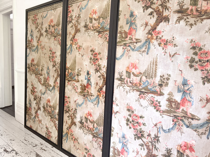 A Triptych of 18th C Chinoiserie Block Printed, Hand Painted Canvas Wall Coverings