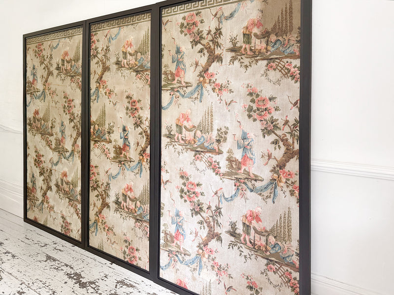A Triptych of 18th C Chinoiserie Block Printed, Hand Painted Canvas Wall Coverings