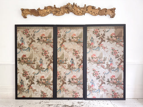 A Triptych of 18th C Chinoiserie Block Printed, Hand Painted Canvas Wall Coverings