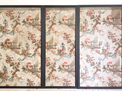 A Triptych of 18th C Chinoiserie Block Printed, Hand Painted Canvas Wall Coverings