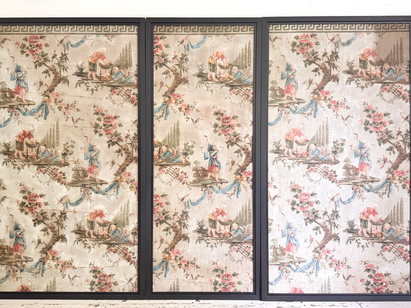 A Triptych of 18th C Chinoiserie Block Printed, Hand Painted Canvas Wall Coverings