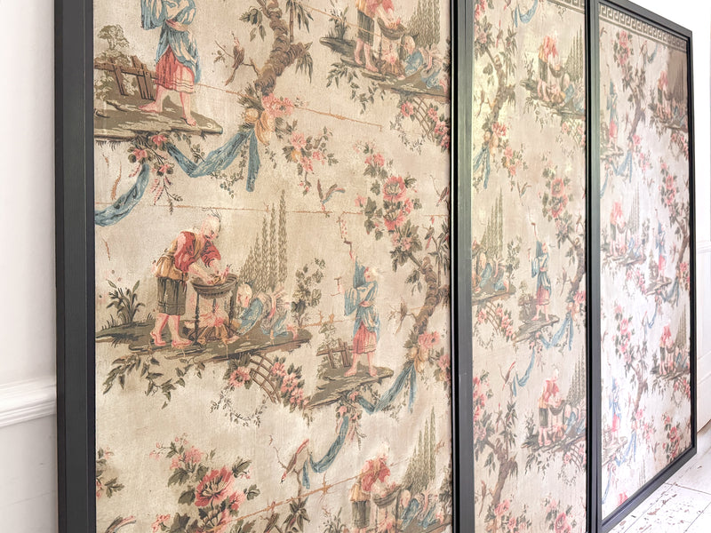 A Triptych of 18th C Chinoiserie Block Printed, Hand Painted Canvas Wall Coverings