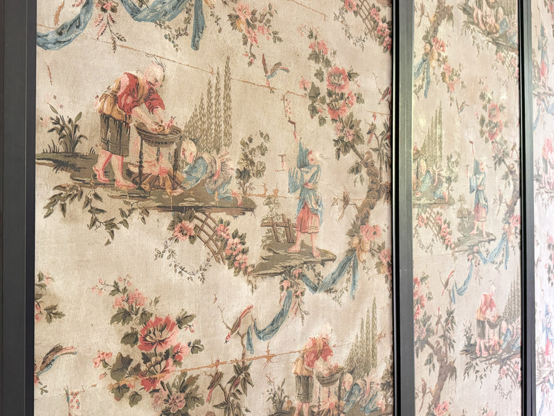 A Triptych of 18th C Chinoiserie Block Printed, Hand Painted Canvas Wall Coverings