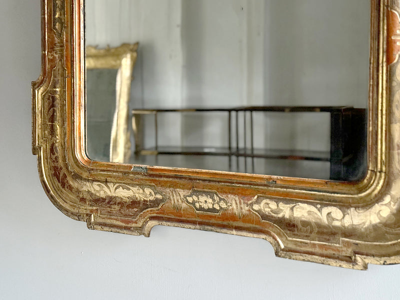 A 19th C Italian Etched Gilt Wood Mirror with Original Plate