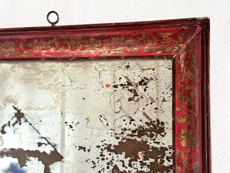 An Early 20th C Red Chinoiserie Mirror with Heavily Foxed Plated